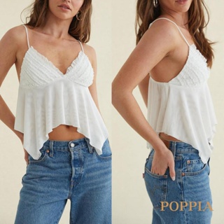 Poppia- เสื้อท็อปลําลอง คอวีลึก แขนกุด สีขาว แฟชั่นฤดูร้อน สําหรับผู้หญิง