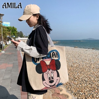 Amila Mickey กระเป๋าสะพายไหล่ลําลอง ทรงโท้ท ขนาดใหญ่ จุของได้เยอะ ปักลาย แฟชั่นสําหรับสตรี