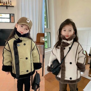 เสื้อโค๊ทเด็ก 2023 ใหม่สาวเกาหลีรุ่นฤดูหนาวเสื้อหนาทนหนาวเสื้อหนังกวาง + กระต่ายขนสัตว์คอมโพสิตภายใน