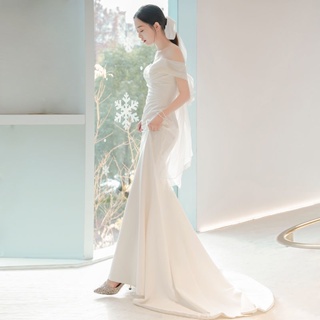 ชุดแต่งงาน ผ้าซาติน สีขาว แบบเรียบง่าย สไตล์ฝรั่งเศส สําหรับเจ้าสาว ชายทะเล งานแต่งงาน ท่องเที่ยว