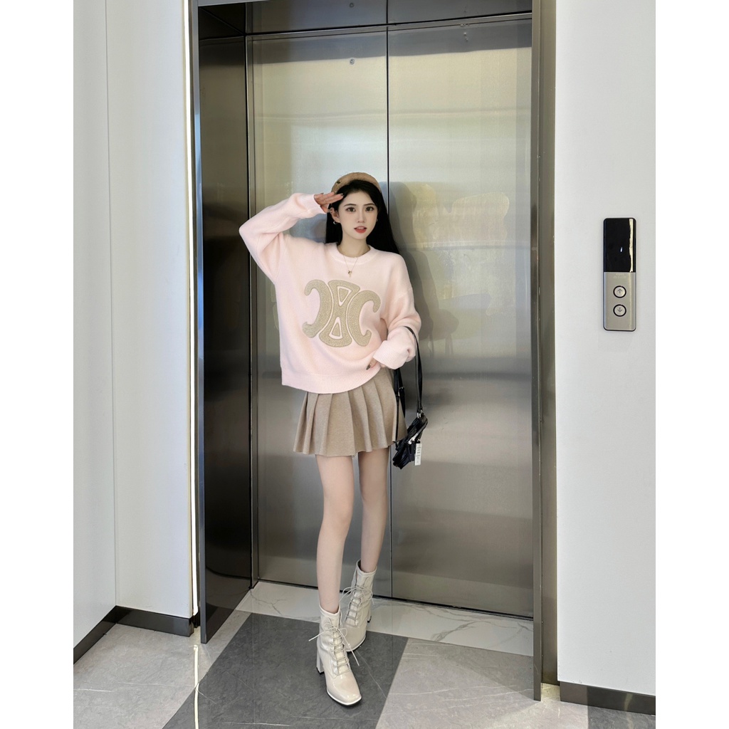24cv-cel-beaute-2023-autumn-and-winter-new-arc-de-triomphe-towel-embroidery-pattern-pink-imitation-mink-long-sleeve-pullover-sweater-womens-sweater