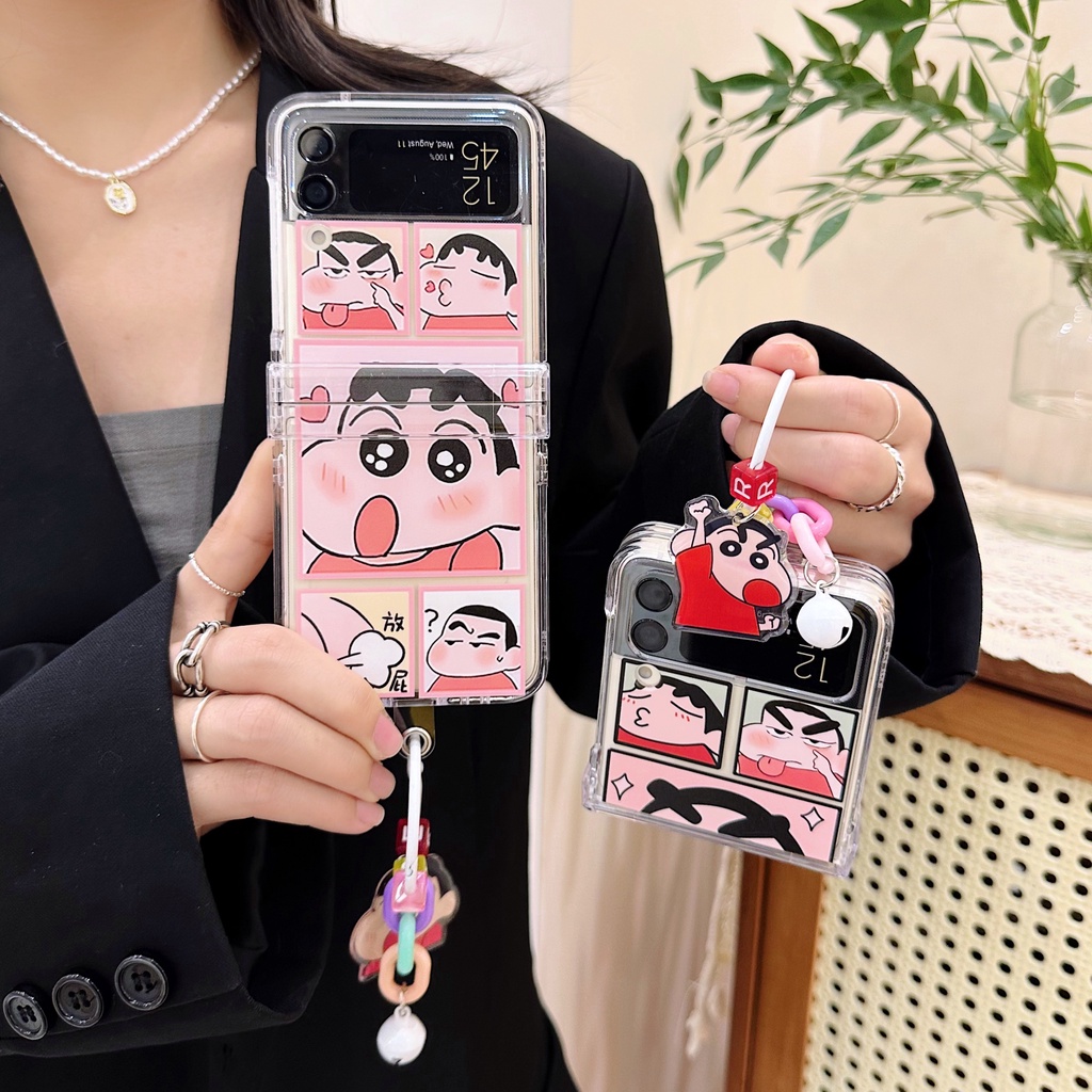 เคสโทรศัพท์มือถือ-pc-แข็ง-กันกระแทก-ลายการ์ตูนชินจังน่ารัก-พร้อมสายโซ่คล้อง-สําหรับ-samsung-galaxy-z-flip-4-5g-3in1-z-flip-3