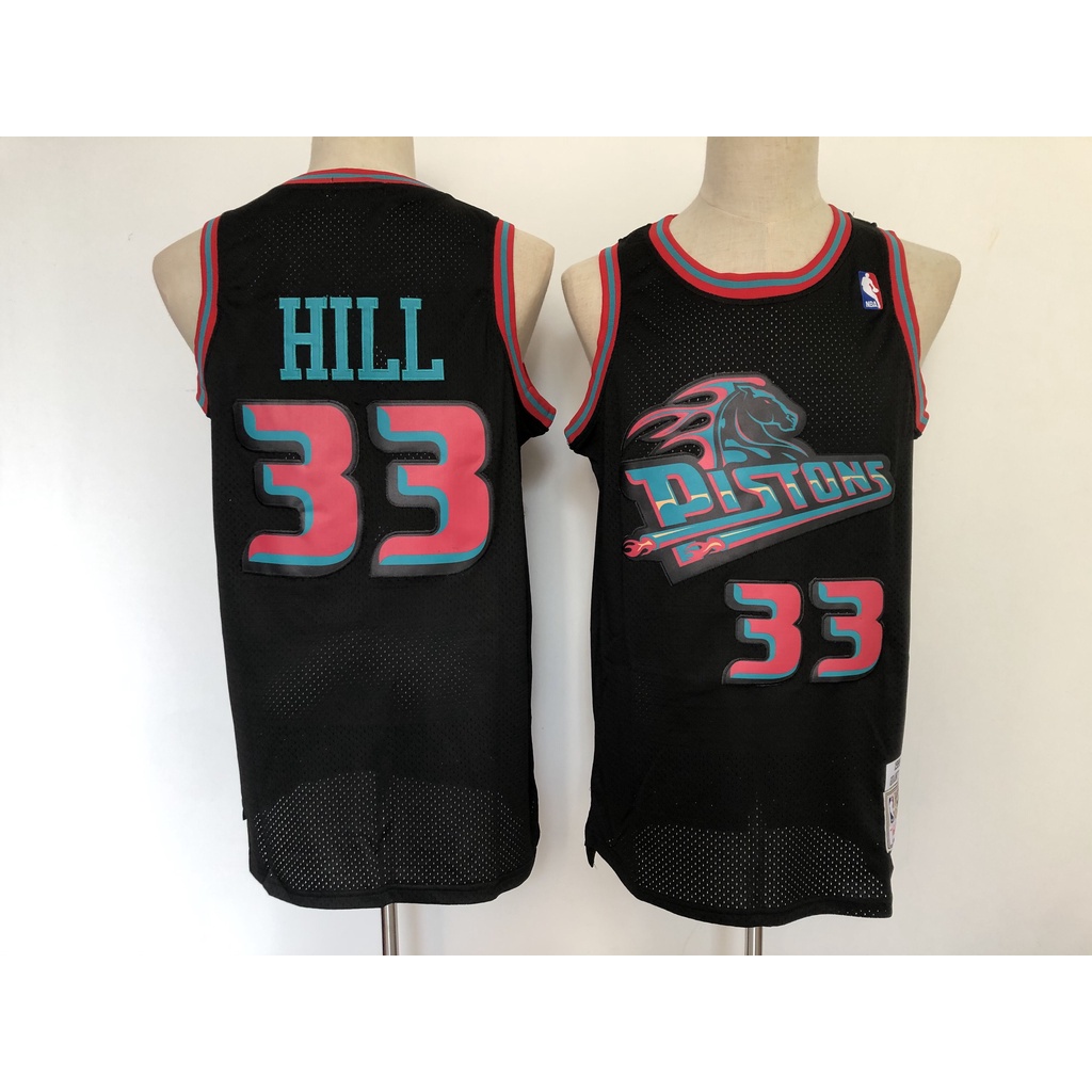 detroit-pistons-33-grant-hill-เสื้อบาสเก็ตบอลสีดำของผู้ชายสั้น-เสื้อยืดกีฬา