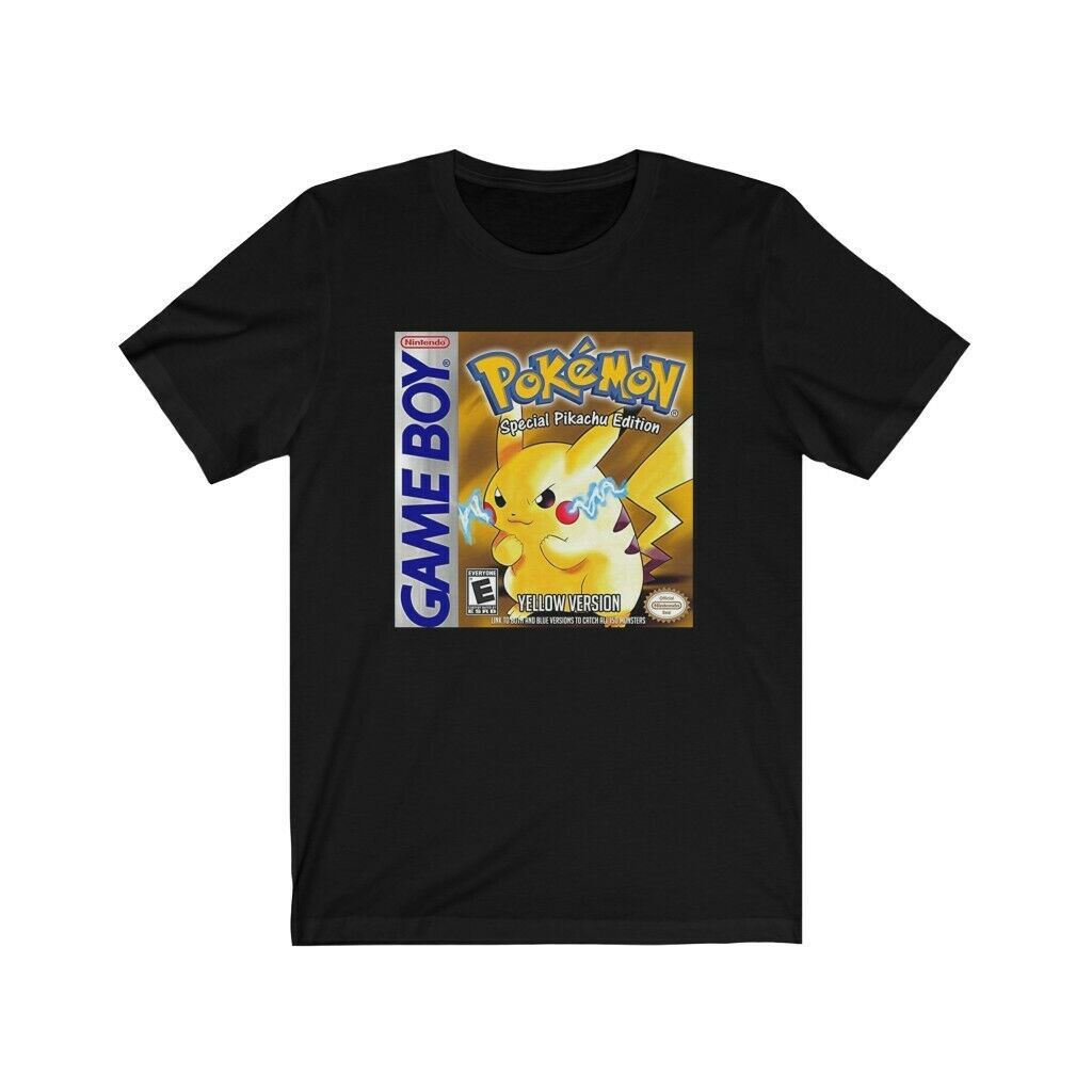 good-yfเสื้อยืดแขนสั้นpikachu-shirt-pokemon-kanto-pokemon-yellow-gameboy-box-art-unisex-tee-07s-5xl
