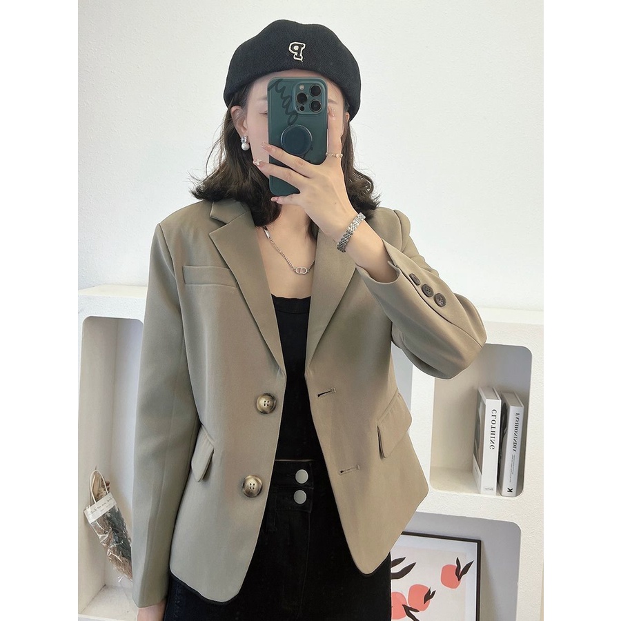 เสื้อแจ็กเก็ตสูทลําลอง-คอปก-สีพื้น-เข้ากับทุกการแต่งกาย-สไตล์วินเทจ-แฟชั่นฤดูใบไม้ผลิ-และฤดูใบไม้ร่วง