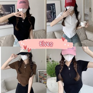 Elves✨พร้อมส่ง✨ เสื้อไหมพรมคอเต่าแขนสั้น ปรับซิปเป็นคอปกได้เก๋มาก ~M0708-1~ -C