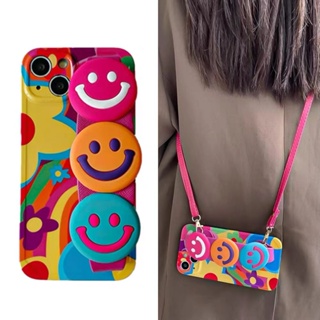 Colorful Graffiti Three-Dimensional Smiley Face Wrist Strap Phone Case For  Iphone 14promax Phone Case for iphone 13/12/11/Xs/XR Soft 78Plus PLUO