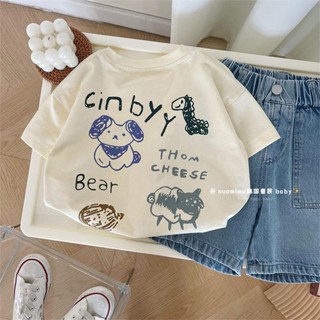 พร้อมส่ง ขายดี เสื้อยืดแขนสั้น ผ้าฝ้ายแท้ ทรงหลวม ลายการ์ตูนกราฟฟิติ สไตล์เกาหลี ญี่ปุ่น แฟชั่นฤดูร้อน สําหรับเด็ก