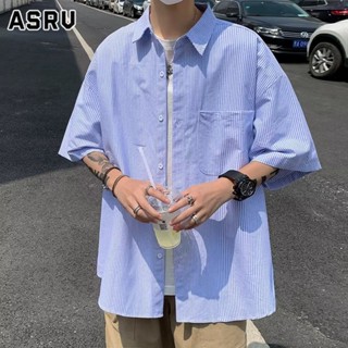 ASRV เสื้อเชิ้ตผู้ชายแฟชั่นใหม่ลายทางอินเทรนด์วัยรุ่นที่นิยมในวรรณกรรมญี่ปุ่นแขนสั้น