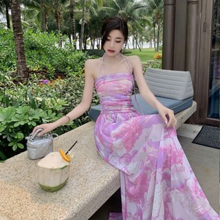 ชุดเดรสกระโปรงยาว สีมัดย้อม สีชมพู ระดับไฮเอนด์ เหมาะกับเดินชายหาด แฟชั่นฤดูร้อน สไตล์ฝรั่งเศส สําหรับสตรี