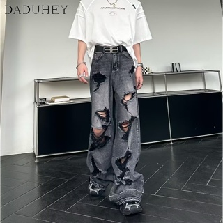 DaDuHey🔥 American Thin Style Ins Trend Handsome Casual Pants Mens 2023 Summer New High Street Fashion All-Matching Ripped Jeans