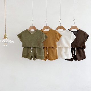 เสื้อแขนสั้นลําลอง ผ้าถัก สีพื้น สไตล์เกาหลี แฟชั่นฤดูร้อน สําหรับเด็กผู้ชาย และผู้หญิง 2023
