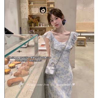 [พร้อมส่ง] ชุดเดรสกระโปรงยาว สายเดี่ยว ลายดอกไม้ สไตล์ฝรั่งเศส สําหรับสตรี 2023