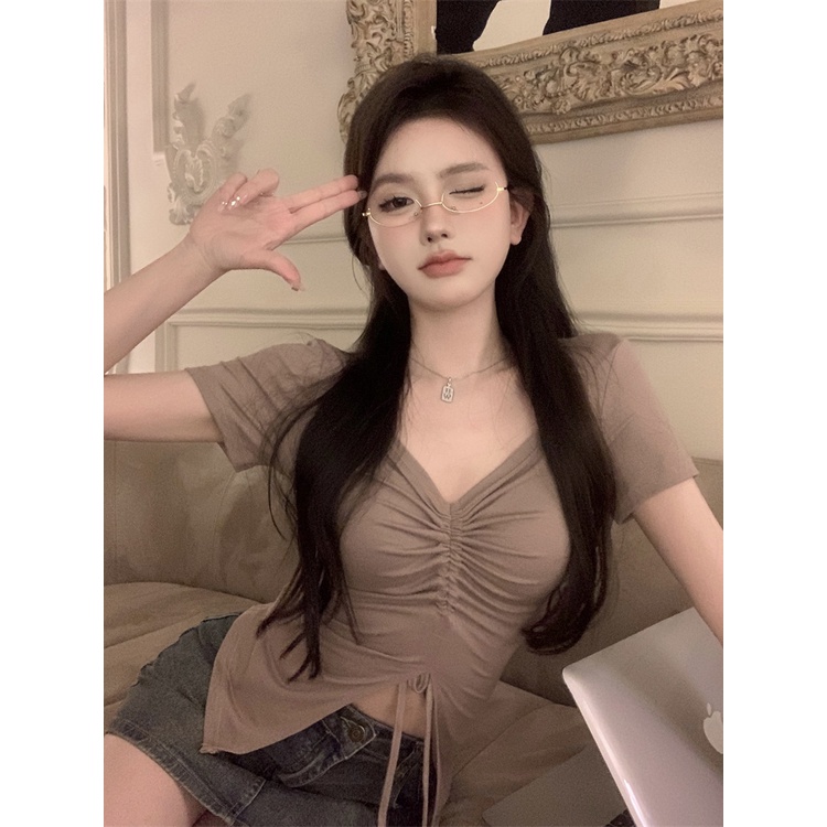 แนะนําแฟชั่น-เสื้อยืดคอวี-แขนสั้น-แบบผูกเชือก-จับจีบ-รัดรูป-แฟชั่นฤดูร้อน-สําหรับผู้หญิง