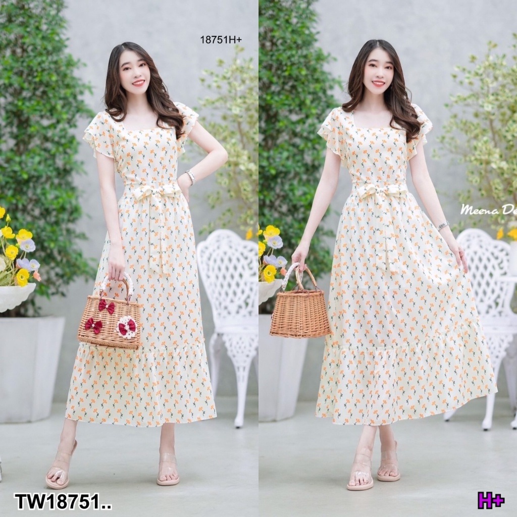 s4u-พร้อมส่ง-maxi-dress-ลายดอกเล็กทรงคอเหลี่ยม-เสื้อผ้าผู้หญิง-ชุดไปทะเล-ชุดเดรส-เสื้อผ้าสาวอวบ