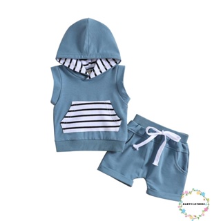 Babyclom- ชุดเสื้อแขนกุด มีฮู้ด ลายทาง และกางเกงขาสั้น สีพื้น สําหรับเด็กผู้ชาย 2 ชิ้น