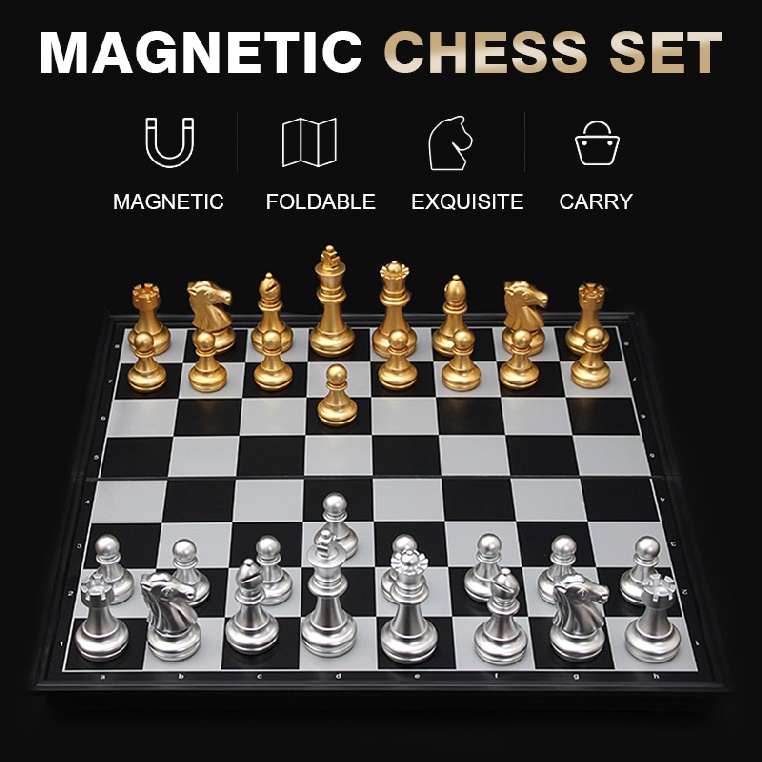 Foldable Travelling Magnetic Silver & Gold Chess & Checkers Set Board ...