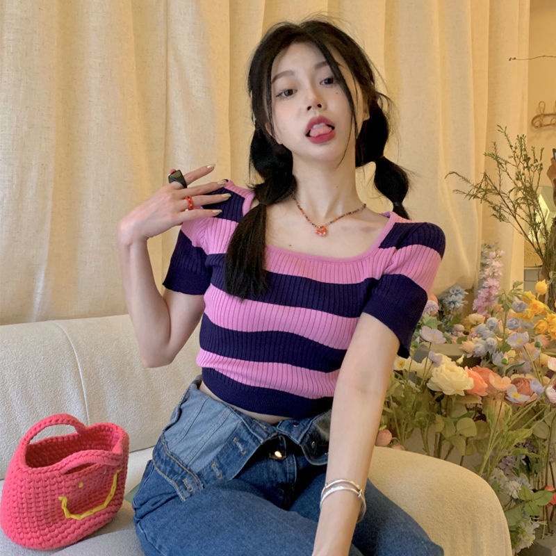 crush-แขนสั้น-คอเสื้อทรงสี่เหลี่ยมลายน่ารักแขนสั้น-เวอร์ชั่นเกาหลีหวานและน่ารักมีสไตล์และสง่างามแขนสั้นy-00215