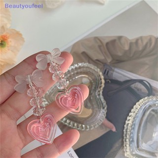 [Beautyoufeel] ต่างหูระย้ายาว ประดับโบว์ คริสตัล รูปหัวใจ สีชมพู สไตล์วินเทจ แฟชั่นฮาราจูกุ สําหรับผู้หญิง Y2K