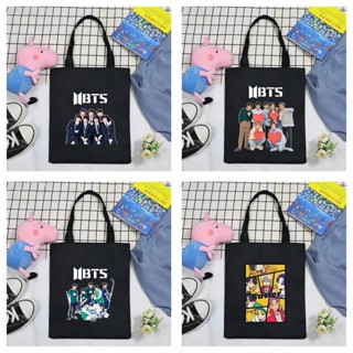 Btts กระเป๋าสะพายไหล่ กระเป๋าช้อปปิ้ง ผ้าแคนวาส สีดํา ของขวัญวันเกิด BT21 D4N7