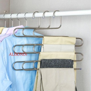 Alisond1 ไม้แขวนเสื้อสเตนเลส รูปตัว S 5 ชั้น ประหยัดพื้นที่ สําหรับแขวนเสื้อผ้า กางเกง