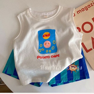 พร้อมส่ง ลดกระหน่ํา เสื้อยืดแขนกุด ผ้าฝ้ายแท้ พิมพ์ลายการ์ตูน สไตล์เกาหลี ญี่ปุ่น แฟชั่นฤดูร้อน สําหรับเด็ก