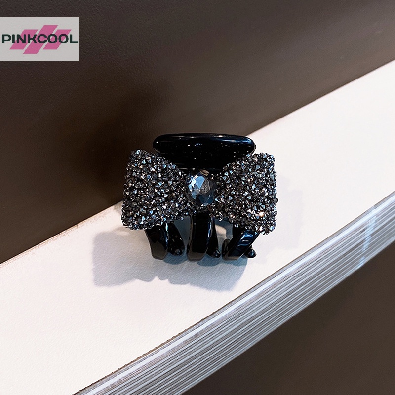 pinkcool-กิ๊บติดผมหางม้า-ประดับโบว์-พลอยเทียม-สีดํา-สไตล์เกาหลี-ฤดูร้อน-สําหรับผู้หญิง