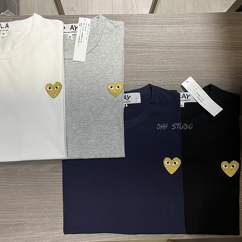 พร้อมส่ง-เสื้อยืดคอกลม-แขนสั้น-พิมพ์ลาย-play-comme-des-garcons-rei-kawakubo-cdg-love-gold-heart-สําหรับผู้ชาย-และผู้หญิง