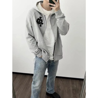 JRQE Chrome Hearts 2023 autumn and winter New cardigan leather back silver sweater hooded coat double-headed zipper design for men and women