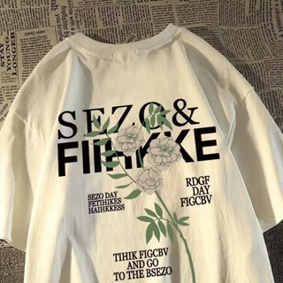 เสื้อยืดแขนสั้น แบบสวมหัว พิมพ์ลายตัวอักษร และดอกไม้ ขนาดใหญ่ คุณภาพสูง สไตล์อเมริกันเรโทร สําหรับคู่รัก