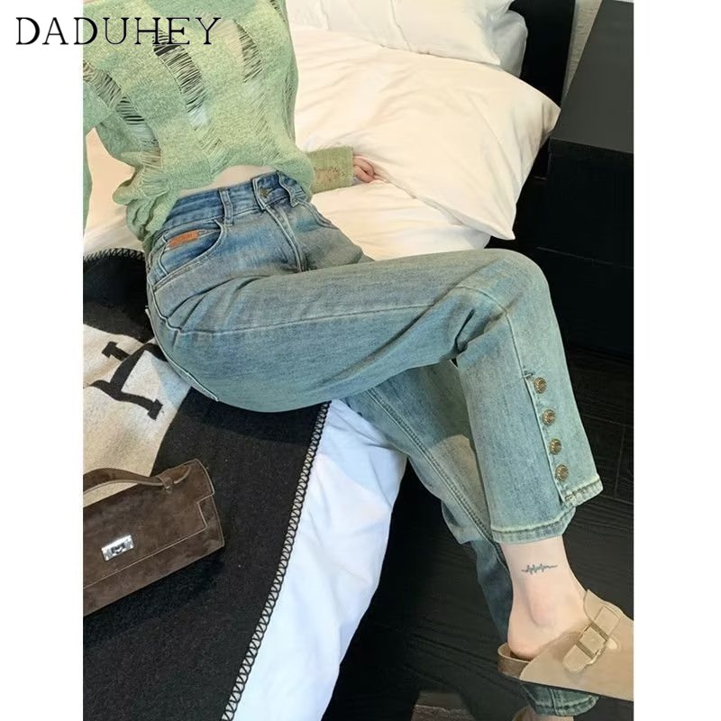 daduhey-new-korean-style-ins-retro-washed-jeans-high-waist-slim-pants-large-size-cropped-pants