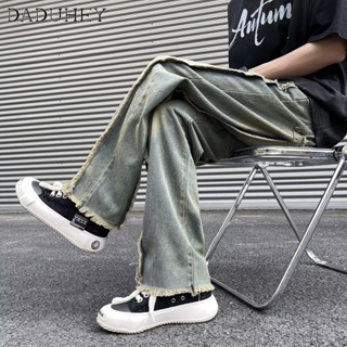 DaDuHey🔥 Mens American Style Fashion Personality Ripped Frayed Casual Pants 2023 New Summer Washed Yellow Mud Color Loose Straight Jeans