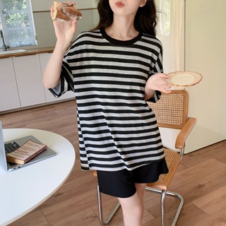 New summer modal pajamas womens striped short-sleeved shorts thin simple suit (with chest pad)