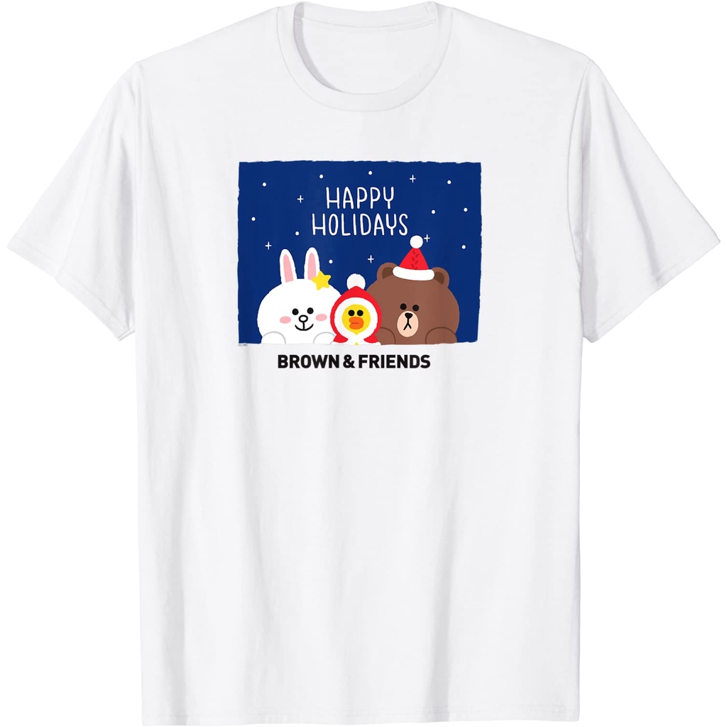 แฟชั่นใหม่ล่าสุด-เสื้อยืดแขนสั้น-พิมพ์ลายการ์ตูนอนิเมะ-line-friends-happy-holidays-group-แฟชั่นสําหรับเด็กผู้ชาย-และผู้ห