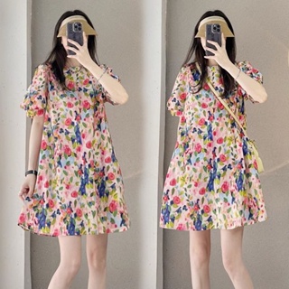 【Dress Oversized】(40-100 กก.) ชุดมินิเดรส แขนพัฟ ลายดอกไม้ พลัสไซซ์ สไตล์เกาหลี แฟชั่น