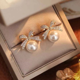French retro bowtie pearl earrings Xia Qingshe minority design earrings new fashion in 2023