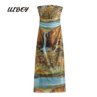 Uibey ชุดเดรสลําลองแฟชั่น ผ้าไหม พิมพ์ลาย จับจีบ ทรงสลิมฟิต 6326