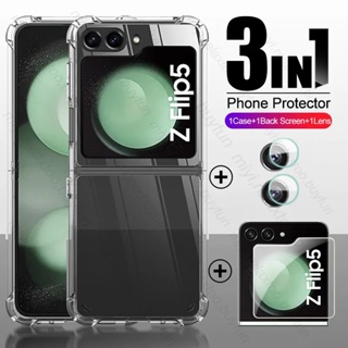 For Samsung Galaxy Z Flip 5 ZFlip5 5G Shockproof Hard Protection Clear Cover Acrylic Transparent Airbag Case + Small Screen Glass + Camera lens Protective film