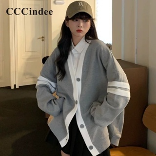 Cccindee เสื้อกันหนาว แขนยาว ทรงหลวม สีตัดกัน แฟชั่นสไตล์เกาหลี สําหรับผู้หญิง 2023