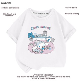 Walkie เสื้อยืดแขนสั้นลําลอง ผ้าฝ้าย พิมพ์ลายการ์ตูนอนิเมะ Cinnamoroll น่ารัก ทรงหลวม เหมาะกับของขวัญวันเกิด แฟชั่นฤดูร้