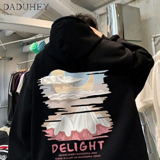 DaDuHey🔥 Mens Hong Kong Style Retro Fashion Brand Oversize Fashionable All-Match Hooded Sweater 2023 Autumn Fashionable Printed Long-Sleeve Hooded Top