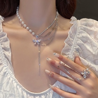 Pearl necklace 2022 new female zircon butterfly tassel splicing minority design light extravagance high-level sense of clavicle chain trend