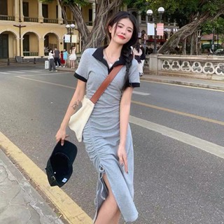 ชุดเดรสกระโปรงลําลอง คอปกโปโล ความยาวปานกลาง แบบผูกเชือก สไตล์เกาหลี แฟชั่นฤดูร้อน สําหรับสตรี