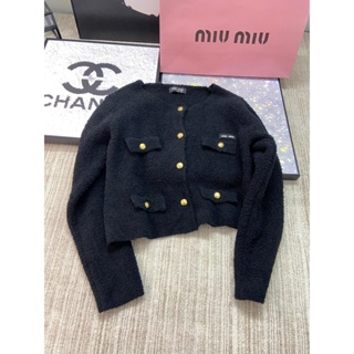 0DFL MIU MIU 2023 spring and summer new towel knitted cardigan chest cloth logo embroidered logo decorative small coat
