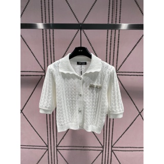 NJQJ MIU MIU 23 autumn and winter New hollow-out design knitted polo collar top hand-made diamond pearl button knitted shirt for women