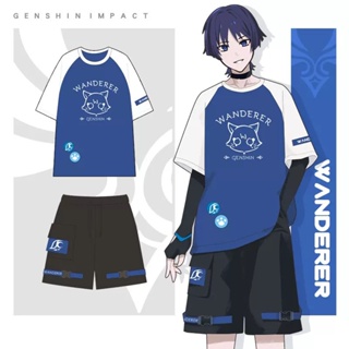 Genshin Impact Wanderer ชุดคอสเพลย์ เสื้อยืด กางเกงขาสั้น ลําลอง สําหรับผู้ใหญ่