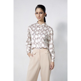 ESPADA เสื้อเชิ้ตลายโมโนแกรม ผู้หญิง สีขาว | Monogram Print Satin Shirt | 4668