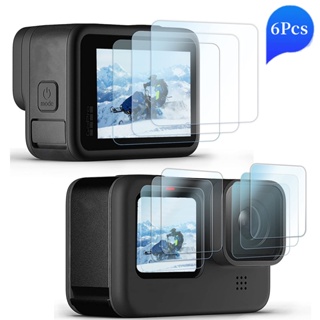 กระจกนิรภัย HD 3/6 ชิ้น สําหรับ GoPro Hero 11 10 9 เลนส์สีดํา และตัวป้องกันหน้าจอแข็ง 9H สําหรับ GoPro 11 10 9