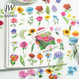 Jianwu สติกเกอร์ PET ลายดอกไม้ ไร้ขอบเขต สร้างสรรค์ สําหรับตกแต่งสมุดบันทึก 100 แผ่น DIY