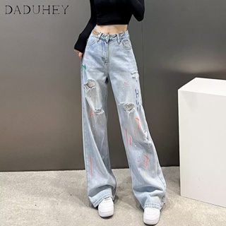 DaDuHey🎈 Womens New Korean Style High Waist Slimming Jeans All-Match Wide Leg Pants Casual Loose Straight Trousers